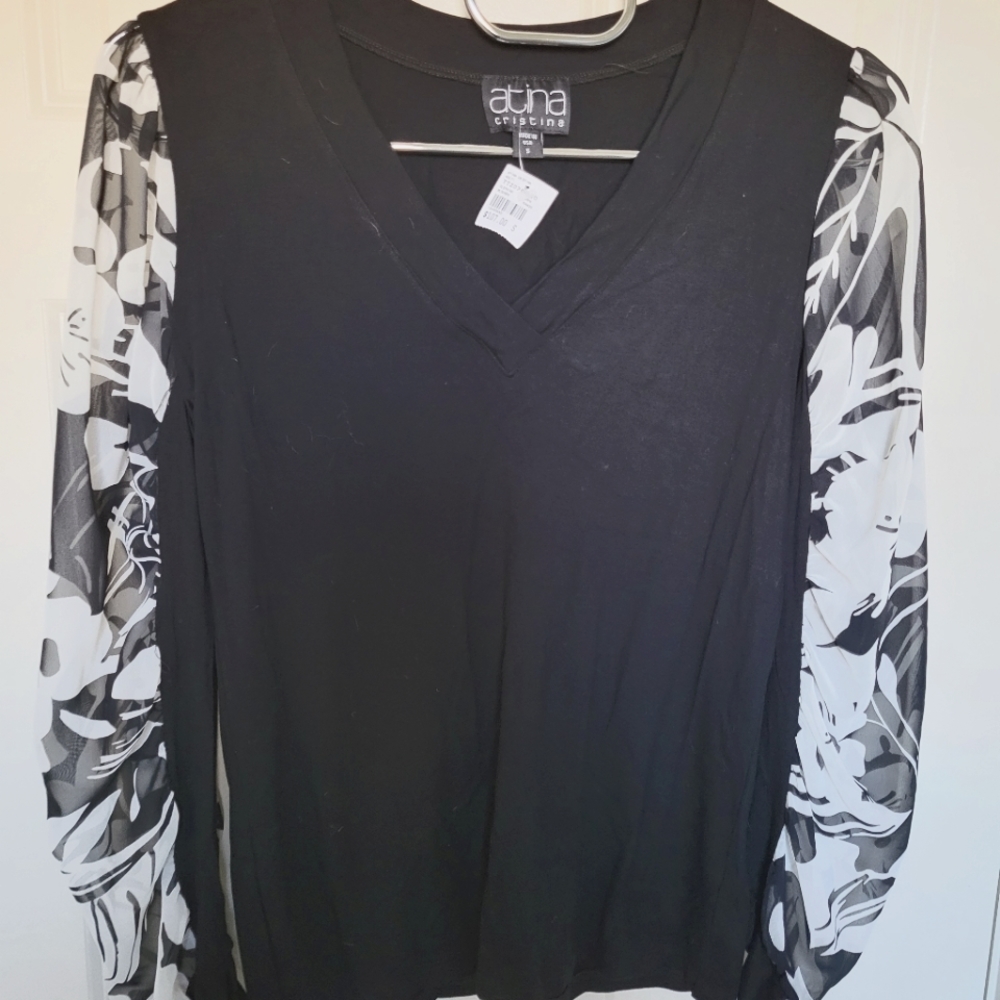 Atina Christina Black Blouse with Floral Sleeves